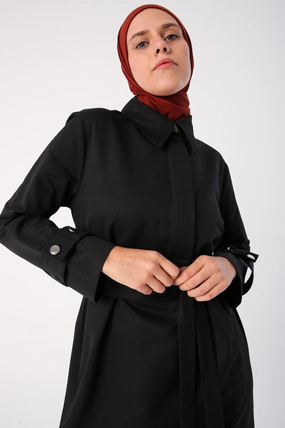 Black Half Placket Sleeves with Epaulettes and Belted Tunic