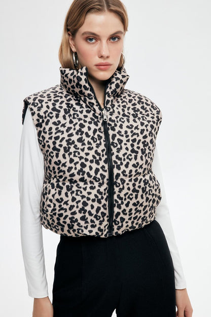 Leopard Patterned Short Puffer Vest Brown