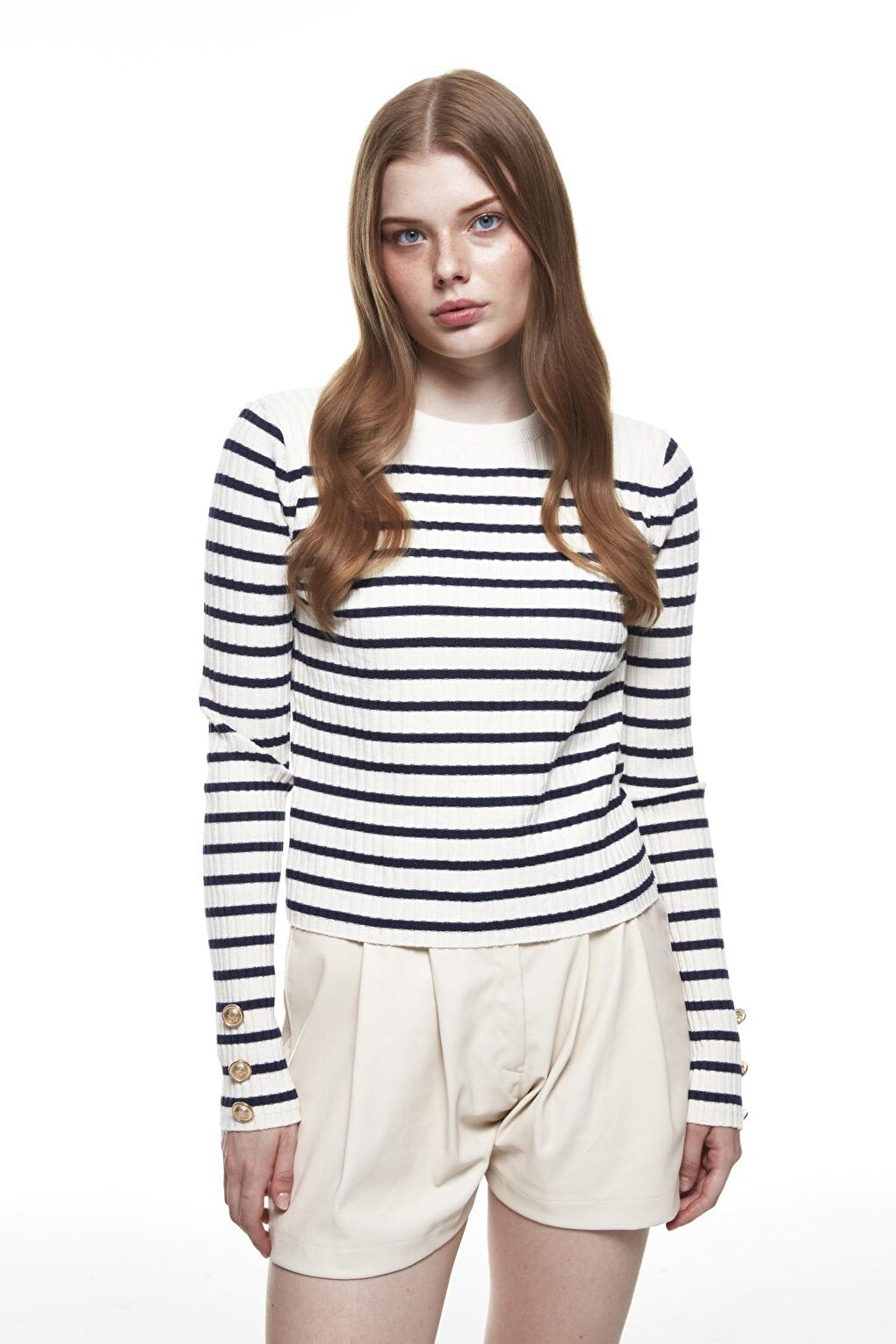 Button Detailed Striped Knitwear Navy Blue