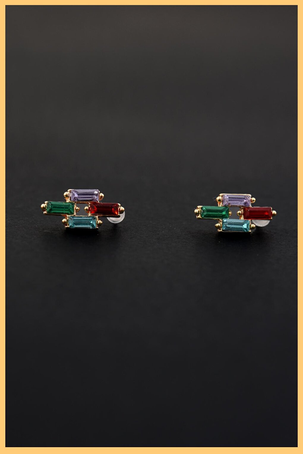 Set of 2 Gold Plated Square Colored Zircon Baguette Earrings