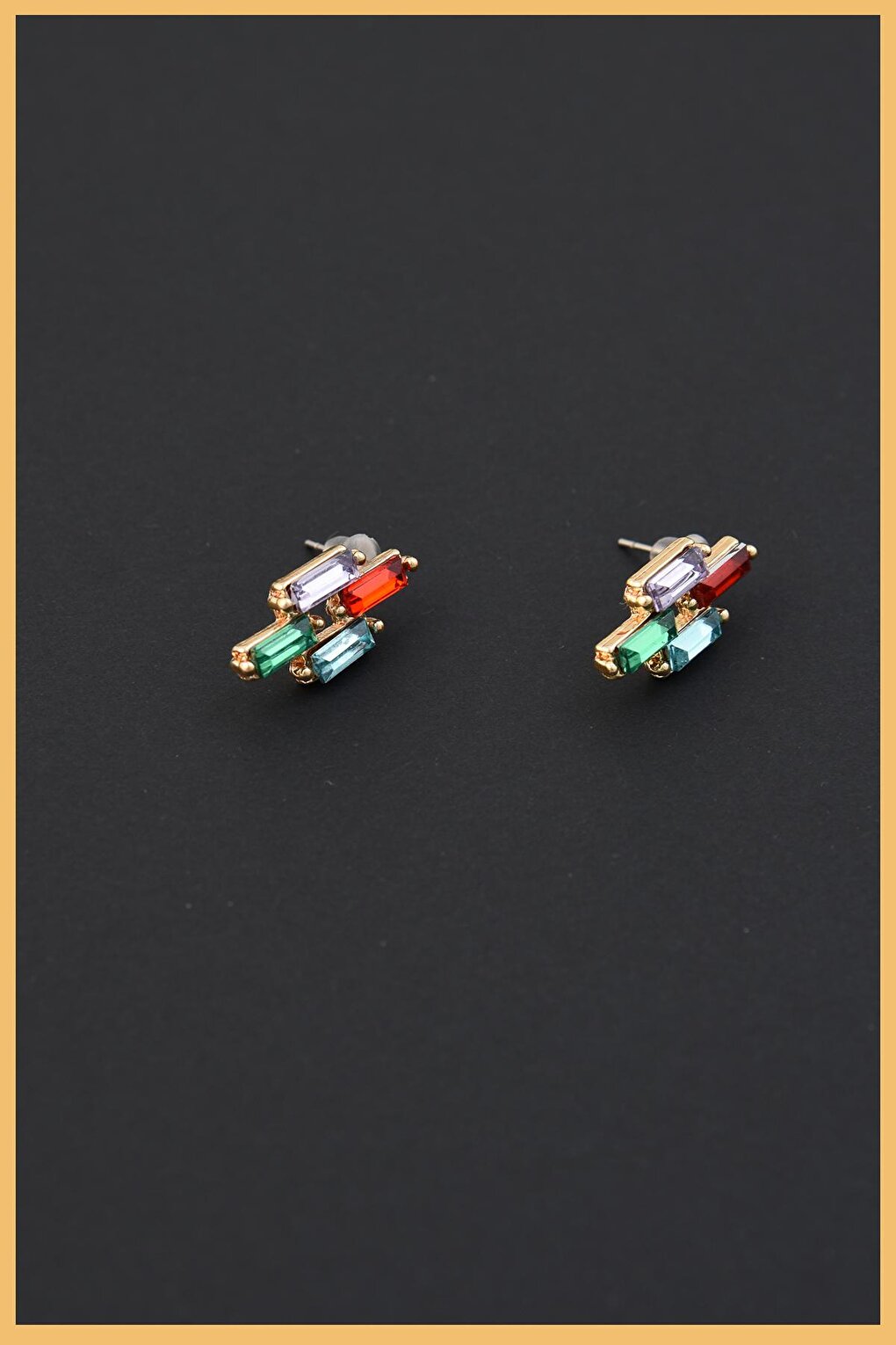 Set of 2 Gold Plated Square Colored Zircon Baguette Earrings