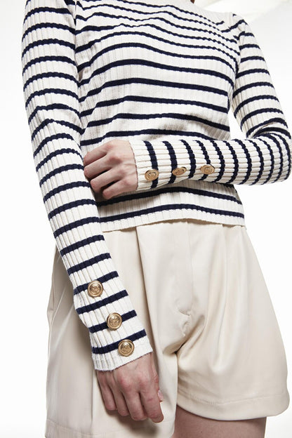 Button Detailed Striped Knitwear Navy Blue