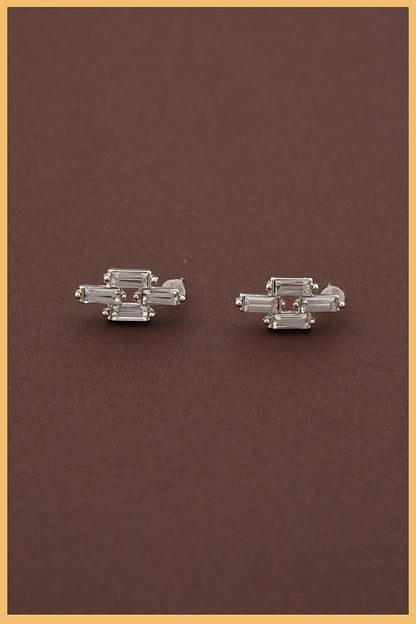 Set of 2 Silver Plated Square Zircon Baguette Earrings