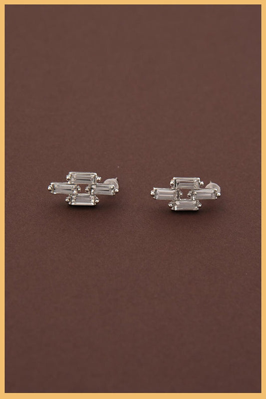 Set of 2 Silver Plated Square Zircon Baguette Earrings