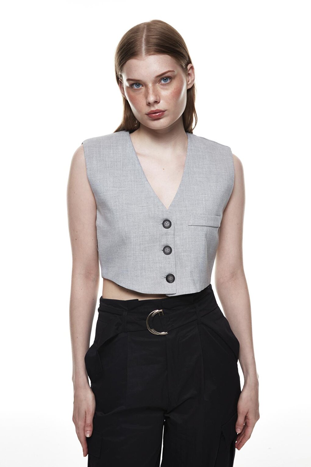 Button Detailed Vest Jacket Light Gray