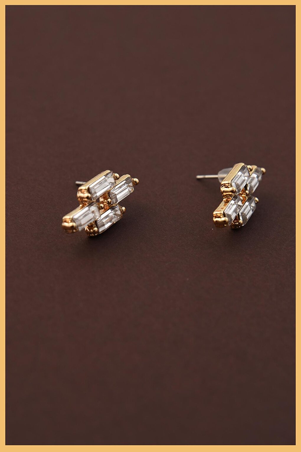 Set of 2 Gold Plated Square Zircon Baguette Earrings