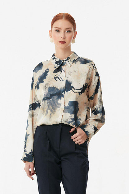 Patterned Satin Shirt with Slits on the Side