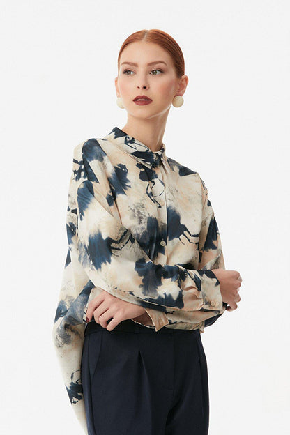 Patterned Satin Shirt with Slits on the Side