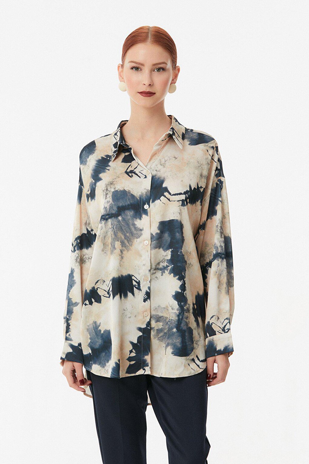 Patterned Satin Shirt with Slits on the Side