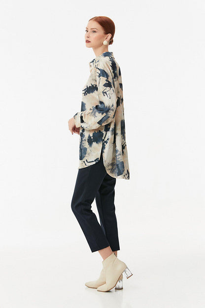 Patterned Satin Shirt with Slits on the Side