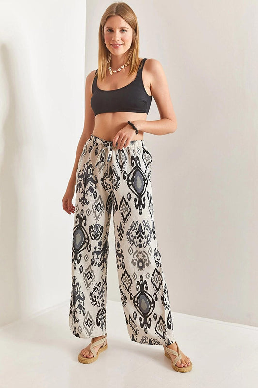 Women's Elastic Waist Multi-Patterned Linen Trousers