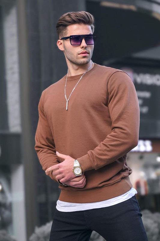 Brown Basic Crew Neck Men's Sweatshirt 6047