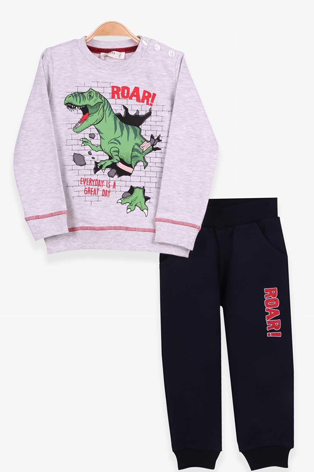 Baby Boy Tracksuit Set Dinosaur Printed Light Gray Melange (Age 1.5-2)