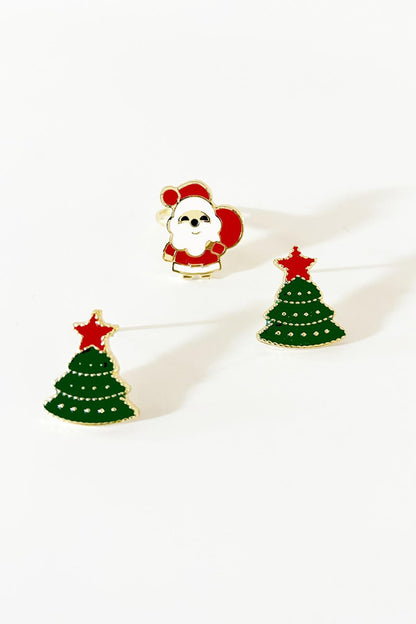 Christmas Santa Claus Ring and Pine Tree Earring Set