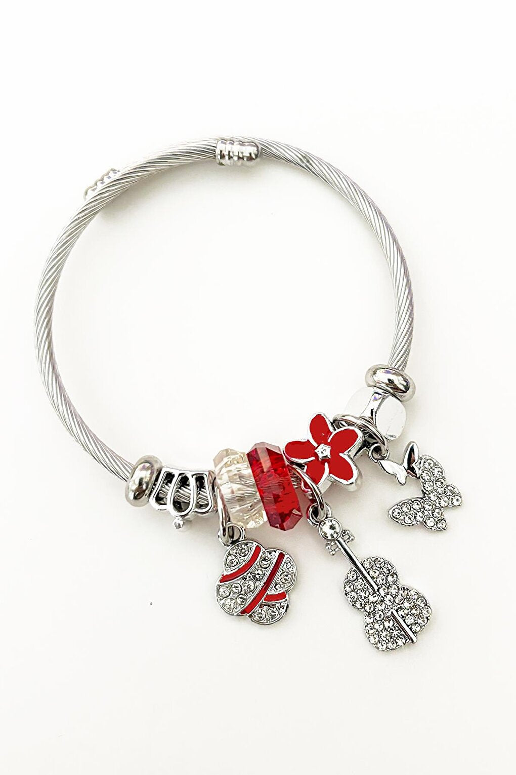 Red Charm Pendant Bracelet with Stainless Steel Guitar Detail