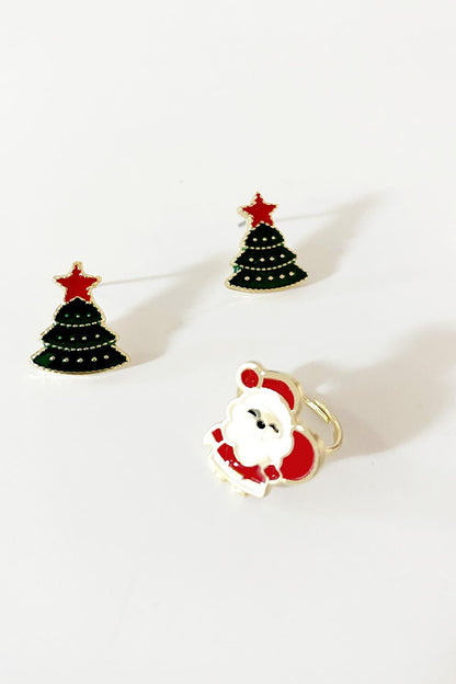 Christmas Santa Claus Ring and Pine Tree Earring Set