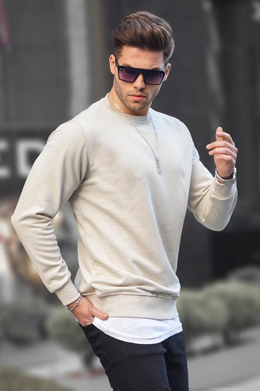 Beige Basic Crew Neck Men's Sweatshirt 6047