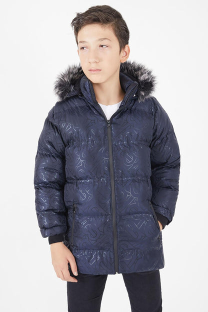 Boy's Navy Blue Puffer Coat with Black Fur 15481