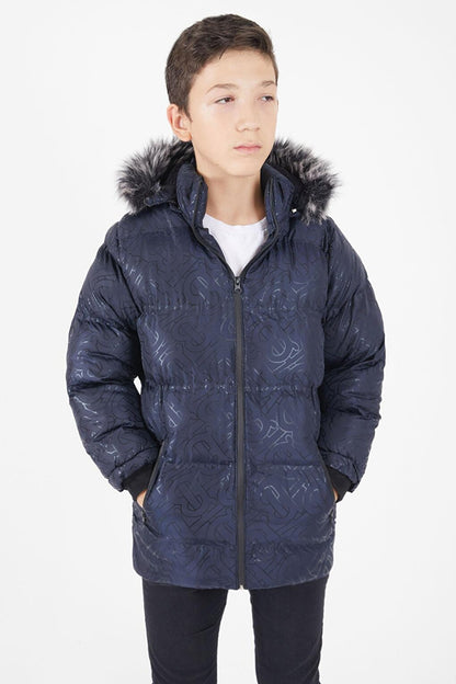 Boy's Navy Blue Puffer Coat with Black Fur 15481