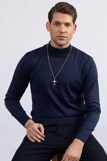 Slim Fit Half Turtleneck Plain Men's Navy Blue Sweater