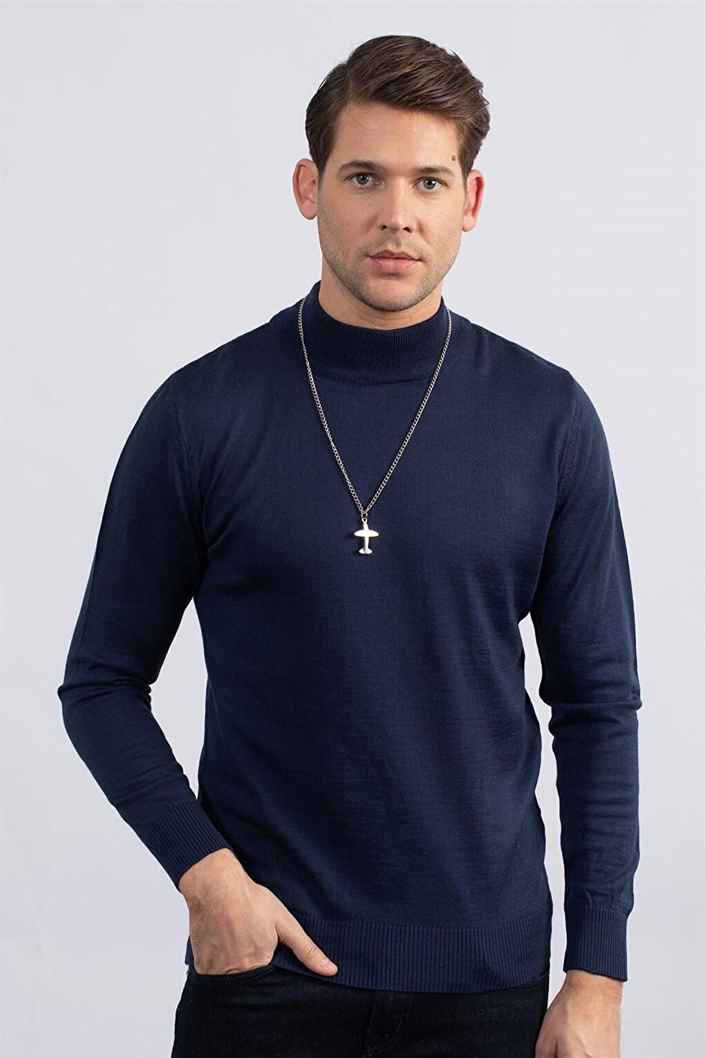 Slim Fit Half Turtleneck Plain Men's Navy Blue Sweater