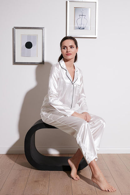 Shirt Collar Relaxed Cut Wide Leg Satin Pajama Set 6110374