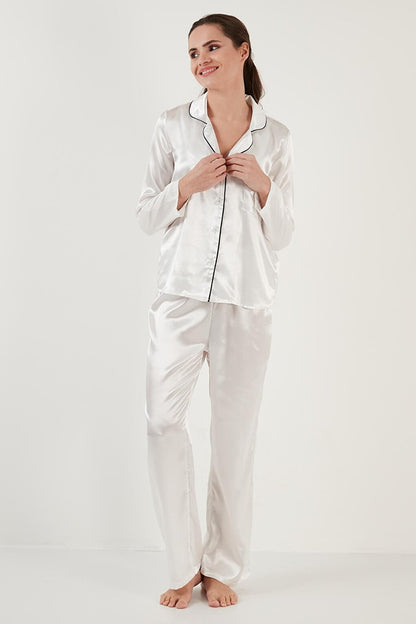 Shirt Collar Relaxed Cut Wide Leg Satin Pajama Set 6110374