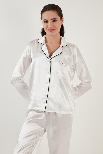 Shirt Collar Relaxed Cut Wide Leg Satin Pajama Set 6110374