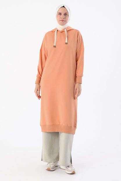 Salmon Eyelet Hooded Sweat Tunic with Pockets