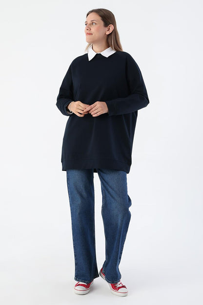 Navy Blue Crew Neck Raglan Sleeve Sweatshirt