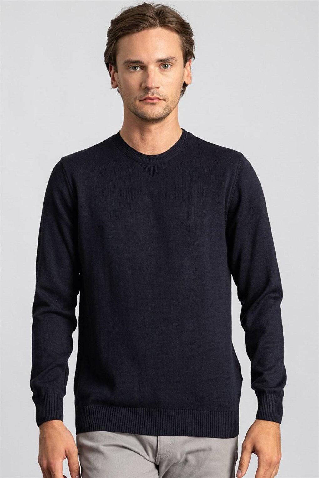 Slim Fit Crew Neck Men's Navy Blue Sweater