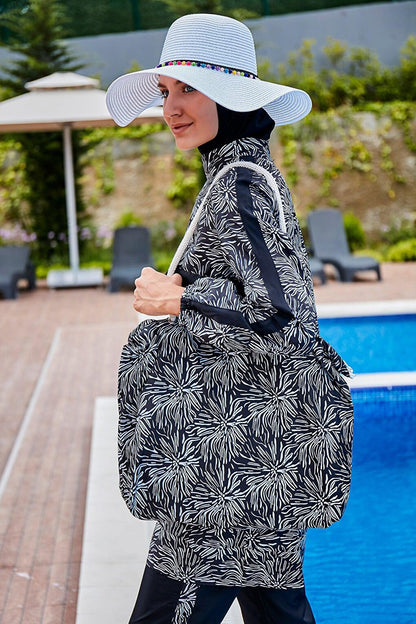 Patterned Fully Covered Hijab Swimsuit R2306