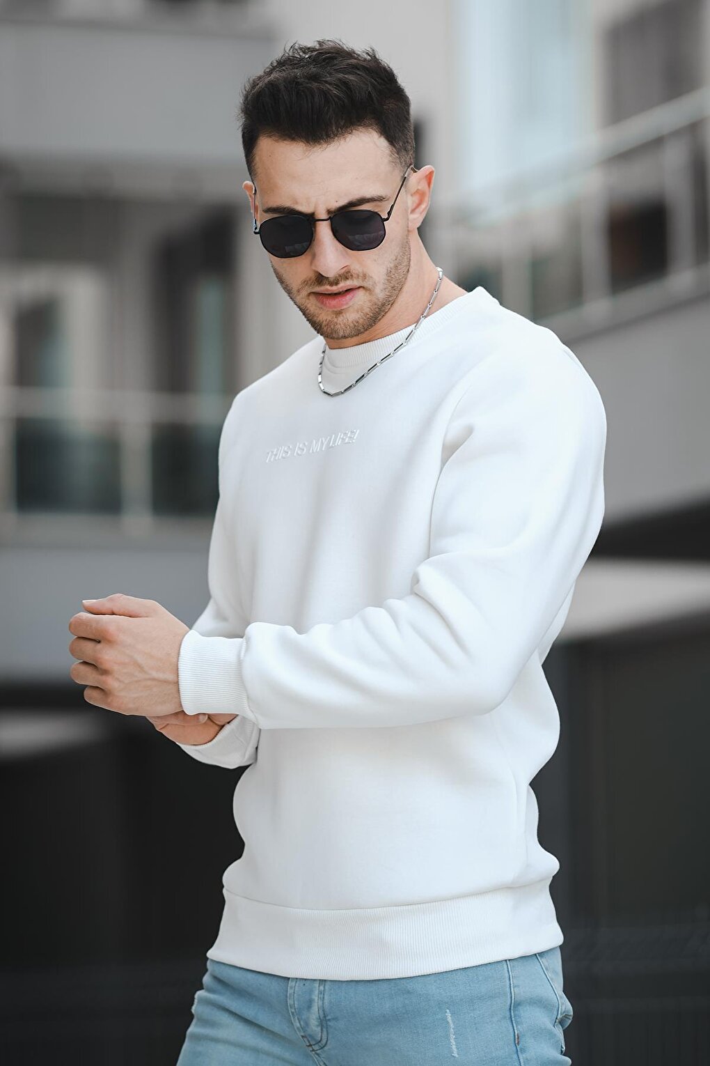 Three Thread Raised Embossed Printed Crew Neck Men's Sweatshirt