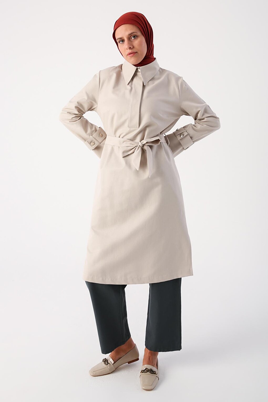 Stone Half Placket Sleeves Belted Tunic with Epaulettes