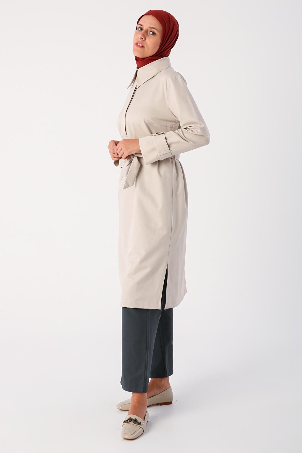 Stone Half Placket Sleeves Belted Tunic with Epaulettes