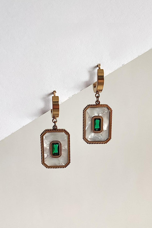 Square Stainless Steel Earrings with Green Stone and Mother of Pearl Detail