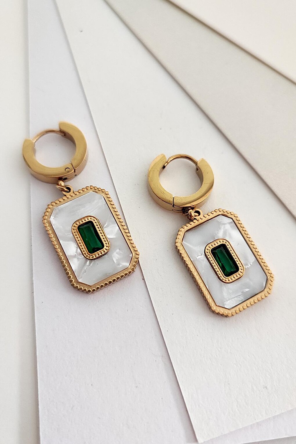 Square Stainless Steel Earrings with Green Stone and Mother of Pearl Detail