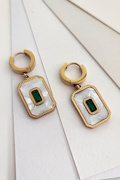 Square Stainless Steel Earrings with Green Stone and Mother of Pearl Detail