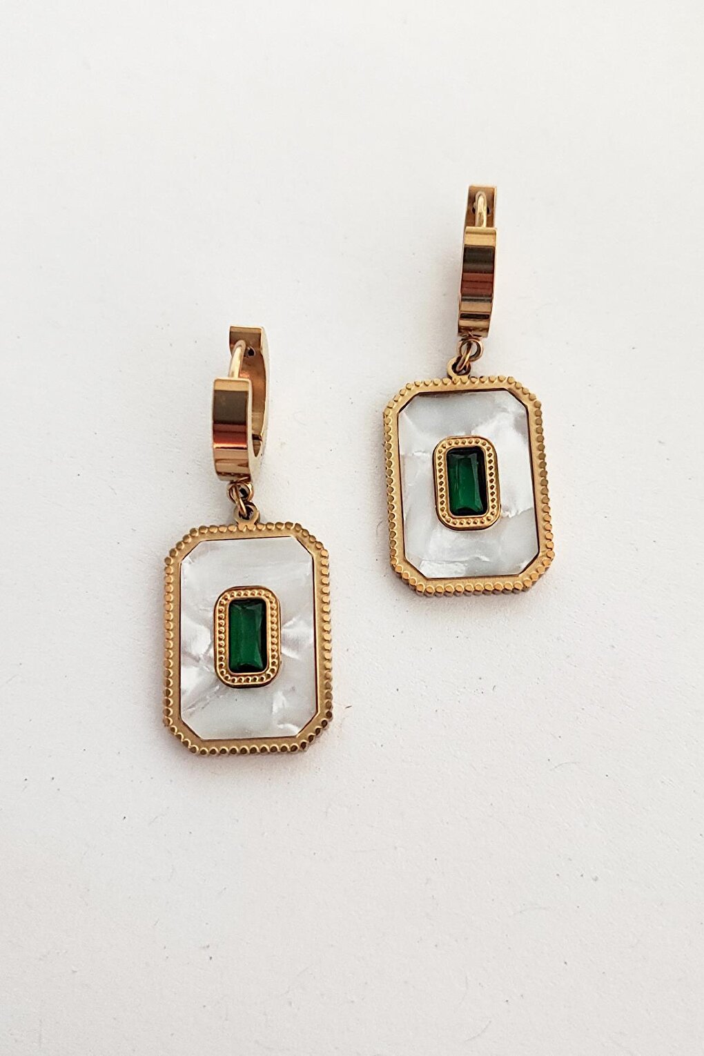 Square Stainless Steel Earrings with Green Stone and Mother of Pearl Detail