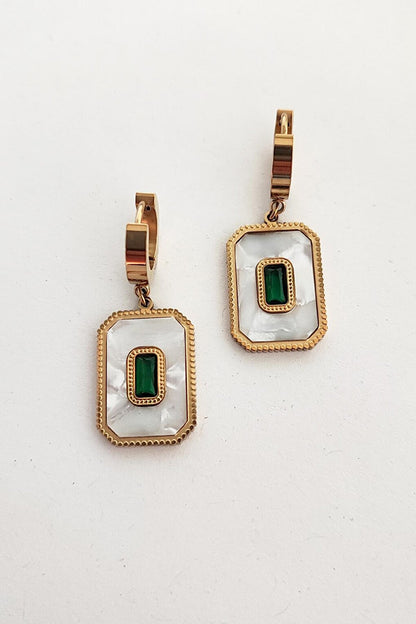 Square Stainless Steel Earrings with Green Stone and Mother of Pearl Detail