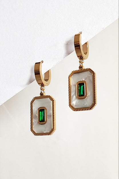 Square Stainless Steel Earrings with Green Stone and Mother of Pearl Detail