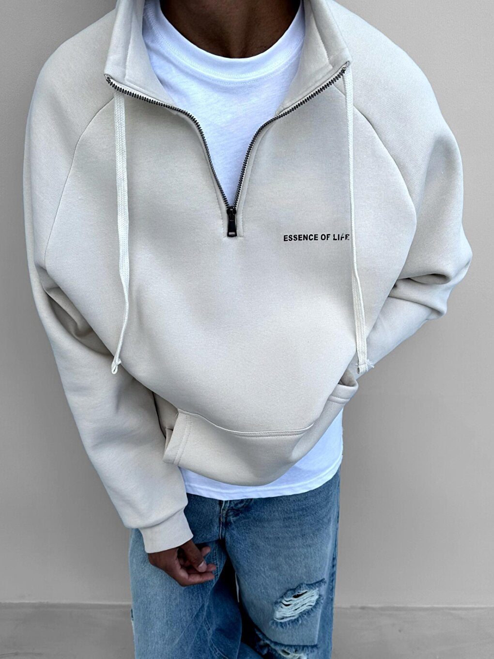 Oversize Half Zipper Sweatshirt Beige