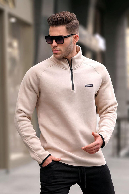 Beige Zipper Collar Men's Sweatshirt 6030