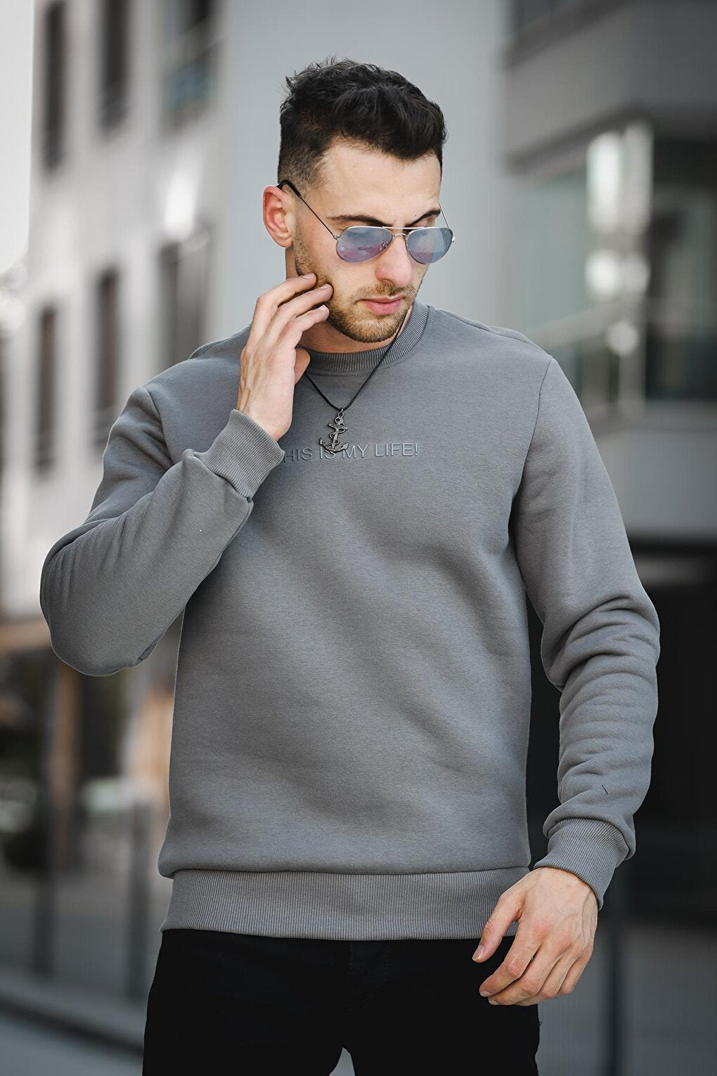 Three Thread Raised Embossed Printed Crew Neck Men's Sweatshirt