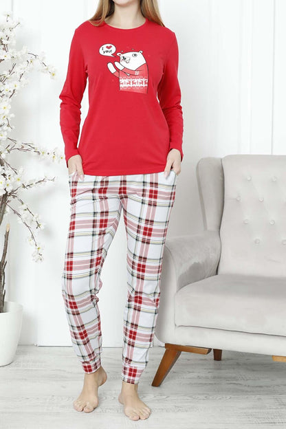 Women's Pajama Set Long Sleeve Pocket Lycra Cotton Plaid New Year Valentine's Day