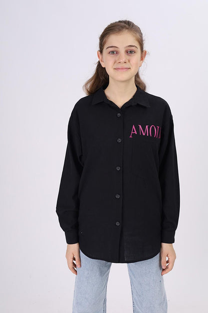 Girl Child Pocket Amour Printed Linen Shirt 9-14 Years Lx184