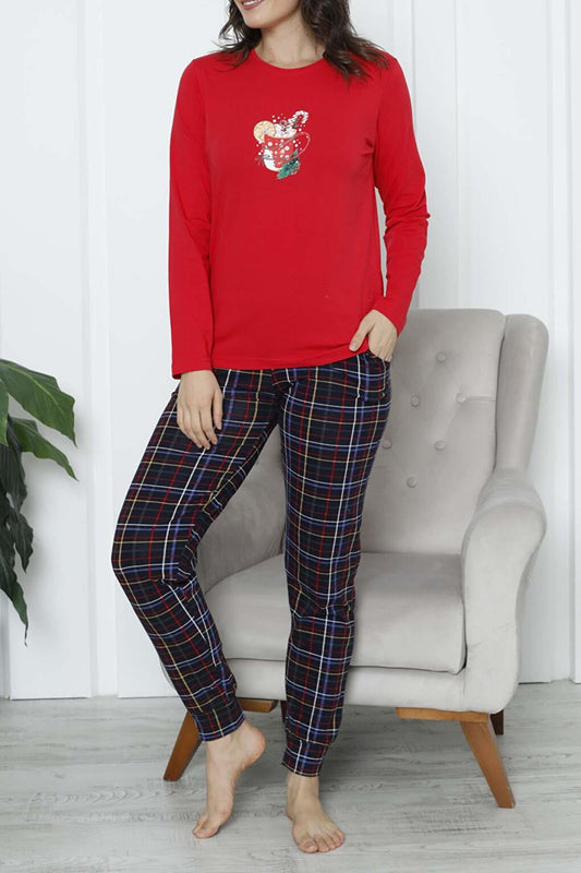 Women's Pajama Set Long Sleeve Pocket Lycra Cotton Plaid New Year Valentine's Day