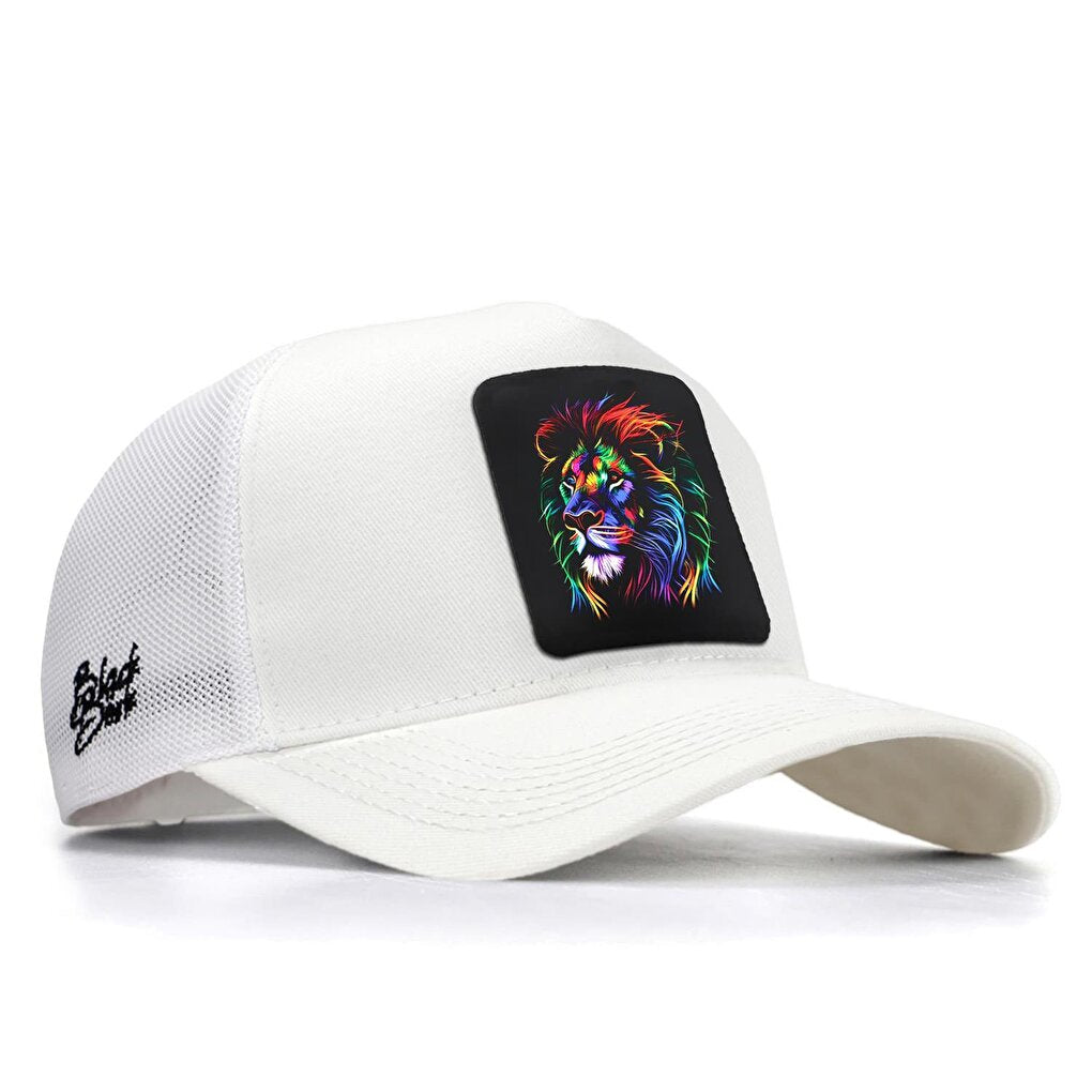 V1 Trucker Lion - Unisex White Hat (Cap) with 7 Code Logo