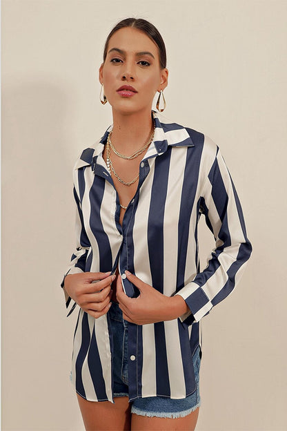 3964 Lightly Flowing Striped Satin Shirt - Dark Blue