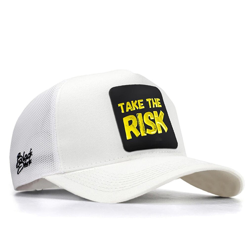 V1 Trucker Take The Risk - Unisex White Hat (Cap) with 2 Code Logo